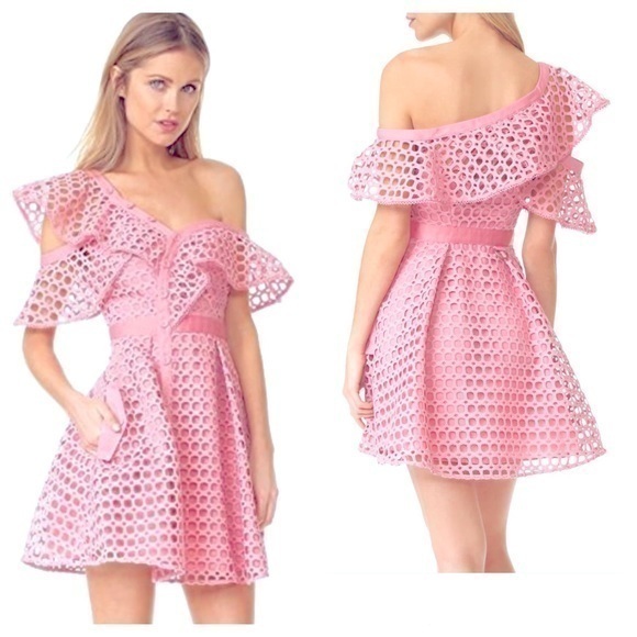 Dresses & Skirts - Gorgeous pink crochet lace designer one shoulder mini dress. Very high quality